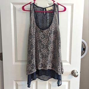 Boho Floral Tank Top - Blue and Cream. Size L.